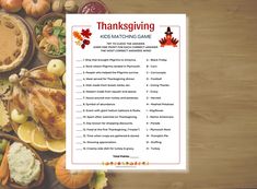 thanksgiving kids matching game with turkey and pumpkins on wooden table, surrounded by autumn leaves