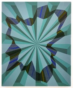 an abstract painting with blue, green and black stripes in the shape of a sunburst