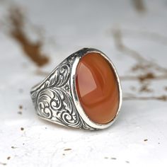 Orange Agate Gemstone Engraved Sterling Silver Ring, Genuine Ring for Men, Natural Gemstone Ring, Gift for Him, Anniversary Gift Silver Ring What are the benefits of agate stone? -It protects the person spiritually. -It has a protective effect against stress. -It saves people from negative energy. -It is good for skin diseases. -It has a strengthening effect on the body. -It is good for those who have difficulties in expressing themselves. -It reduces pain. -It has a protective effect on the per Tooth Structure, Orange Agate, Natural Gemstone Ring, Skin Diseases, Ring For Men, Silver Shop, Agate Gemstone, Agate Stone, Negative Energy