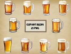 a bunch of mugs with different types of beer in them and the words clipart beers on it