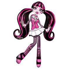 a drawing of a girl with pink hair and long black hair, holding her hand on her hip