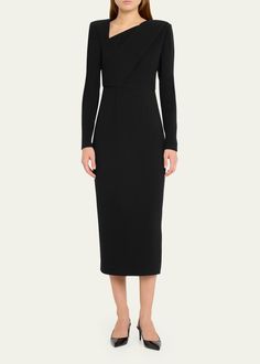 Evening Dresses With Structured Shoulders For Fall, Structured Cocktail Dresses For Fall, Structured Fall Dresses For Cocktail, Structured Fall Cocktail Dresses, Classic Fitted Dress With Side Slits, Fall Evening Dress With Structured Shoulders, Structured Fitted Midi Dress For Fall, Fitted Structured Midi Dress For Fall, Sleek Midi Dress With Side Slits For Work