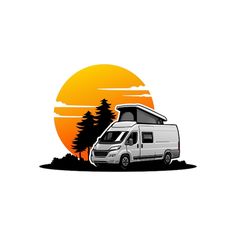 a white van parked in front of the sun with trees on it's side