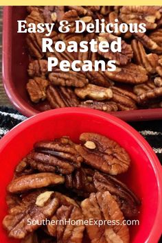 bowl and pan of roasted pecans