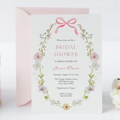 Wildflower Pink Bow Bridal Shower Editable Template Bow Invitation, Feminine Watercolor, Watercolor Spring, Bridal Shower Flowers, Lingerie Shower, Future Wedding Plans, Wedding Bows