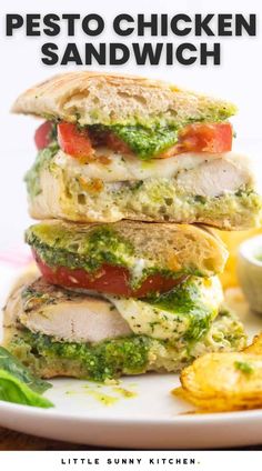 pesto chicken sandwich stacked on top of each other with the words pesto chicken sandwich above it