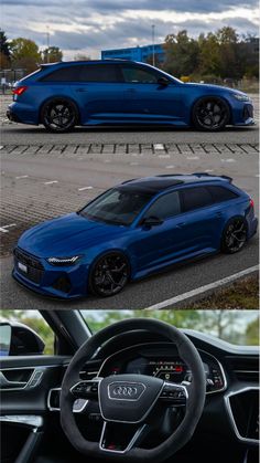 the inside and outside view of a blue car with black rims, steering wheel and dashboard