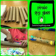 four different pictures with the words, pirate spy glass and an image of children making crafts