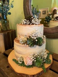 a three tiered cake with succulents and flowers