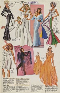 an advertisement for dresses from the 1970's, featuring women in evening gowns