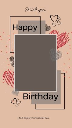 a happy birthday card with an image of a square and hearts in the center on a pink background