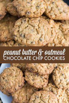 peanut butter and oatmeal chocolate chip cookies stacked on top of each other