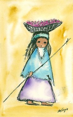 a watercolor and ink drawing of a mexican girl with a hat on her head