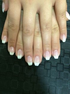 French Tip Dip Powder Nails Coffin, French Tip Bio Gel Nails, French Tip Gel Extensions, Short Ballerina French Nails, Ballerina Nails Short French, French Tip With Crystals, Short Coffin Nails French Tip, Short Coffin French Tip Nails, Types Of French Tips Nails