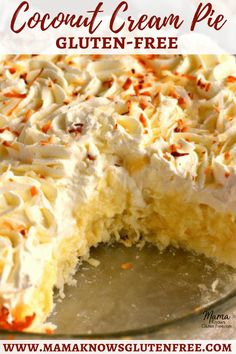 a close up of a cake with coconut cream pie in the background and text overlay that reads, coconut cream pie gluten - free