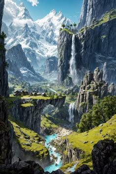 an artist's rendering of a mountain landscape with a stream running through the valley