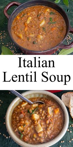 two bowls of italian lentil soup with bread and basil leaves on the side, one is