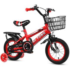 a red and black bike with a basket on the front, sitting against a white background