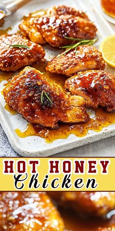 honey chicken on a plate with sauce and lemon wedges