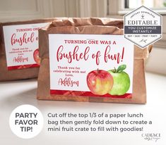 two brown paper bags with apples on them and the words, turning one was a bushel of fun cut off the top of a paper lunch bag then fold down to create a mini fruit crate