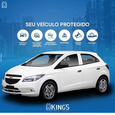 a white car is shown in front of a blue background with the words seu veiculo protegido