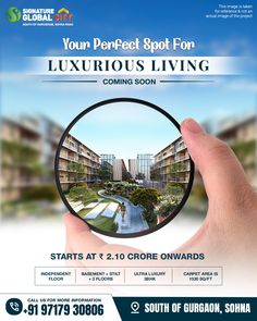 Signature Global City, located in the south of Gurgaon, Sohna Road. The central message highlights luxurious living, with the tagline "Your Perfect Spot for Luxurious Living" and "Coming Soon." 𝐊𝐞𝐲 𝐝𝐞𝐭𝐚𝐢𝐥𝐬 𝐢𝐧𝐜𝐥𝐮𝐝𝐞: Prices start at ₹2.10 crore onwards. Independent floors with a layout that consists of a basement, stilt, and 3 floors. Ultra-luxury 3BHK units. Carpet area of 1530 square feet. @saranshrealtorsindia @saransh_realtors_india For more info 𝐜𝐚𝐥𝐥 +𝟗𝟏 𝟗𝟕𝟏𝟕𝟗𝟑𝟎𝟖𝟎𝟔 Visit our 𝐰𝐞𝐛𝐬𝐢𝐭𝐞 - ... Signature Capture Pad, Central Message, Real Estate Sign Design, Ultra Luxury, Global City, Real Estate Humor, Real Estate Quotes, Stilts