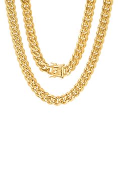 A heavy curb chain necklace is cast in durable yellow gold plated stainless steel. 18K yellow gold plated stainless steel curb chain necklace. Box clasp with safety latches. Approx. 24" L x 10mm W. Imported Gold Cuban Link Chunky Chain Bracelet, Gold Plated Cuban Link Necklace Gift, Gold Cuban Link Bracelet With Chunky Chain, Gold Plated Cuban Link Necklace As Gift, Yellow Gold Cuban Link Chain Necklace, Stainless Steel Cuban Link Bracelet With Curb Chain, Yellow Gold Cuban Link Necklace Tarnish Resistant, Tarnish Resistant Yellow Gold Cuban Link Necklace, Yellow Gold Tarnish-resistant Cuban Link Necklace