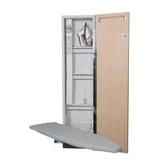 the ironing board is next to an open cabinet