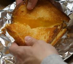 a person holding onto a grilled cheese sandwich