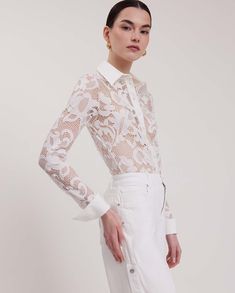 Introducing the JOANNA sheer stretch lace shirt – a captivating blend of delicate femininity and modern sophistication. Crafted with exquisite attention to detail, this shirt features a jersey knit point collar, center button placket, and French cuffs that allow for cufflinks, adding an elegant touch to the design. The sheer stretch lace fabric creates an alluring and ethereal look, while offering a comfortable and flexible fit. Perfect for both daytime and evening occasions, the JOANNA shirt ef Lace Button Up Shirt, Ss 2024, Stretch Lace Fabric, Parisian Chic Style, Lace Button, Parisian Chic, Lace Shirt, Stretch Lace, Fashion Essentials