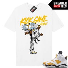 "Yellow Ochre 6s Jordan matching shirt by Sneaker Match Tees brand. Official Sneaker Match Tees shirt designed to match the Jordan 6 \"Yellow Ochre\" retro sneakers. *Sneakers are for matching purposes only, NOT included in the sale* True to size Men's shirt 100% Soft Cotton Regular Fit" Yellow T-shirt With Sublimation Print For Streetwear, Yellow Sublimation Print T-shirt For Streetwear, Yellow Printed T-shirt For Streetwear, Yellow Urban T-shirt For Streetwear, Sporty Yellow T-shirt With Sublimation Print, Yellow Sporty T-shirt With Letter Print, Yellow Sports T-shirt With Logo Print, Yellow Graphic Print Sports T-shirt, Yellow Sports T-shirt With Logo