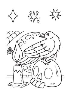 a black and white drawing of a bird sitting on top of a skull with stars in the background