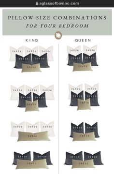 pillows are shown in different colors and sizes, with the words pillow size combinations on them