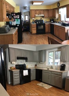 before and after pictures of a kitchen remodel with new cabinets, counter tops, stove top oven, dishwasher