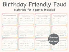 a birthday party game with the words,'birthday friendly fad materials for 3 games included