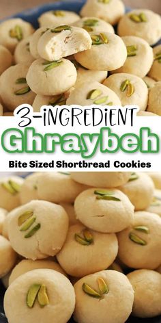 three ingredient ghirraybeh with pistachio seeds in a blue bowl