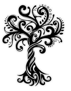 a black and white drawing of a tree with swirly branches on it's side