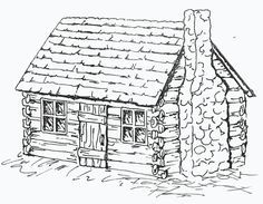 a drawing of a log cabin with a chimney and roof made out of wood logs