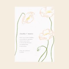 a wedding card with pink flowers on the front and green leaves on the back, which reads claudia + marco