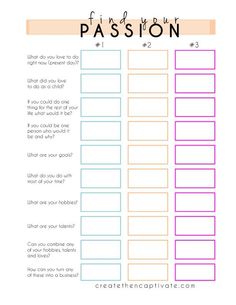 a printable fashion checklist with the words passion written in pink, blue and orange