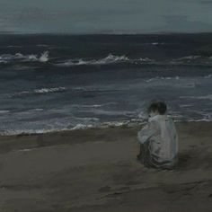 a painting of a person sitting on the beach looking out at the water and waves