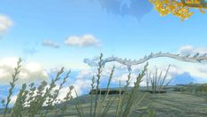 an image of a dragon in the sky with clouds and grass around it, as well as some plants