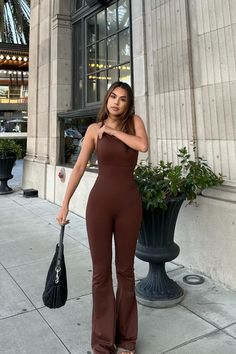 Can it get any better than this one-shoulder flare leg jumpsuit? Sculpt- an ultra-flattering fabrication Flare Leg One Shouder Removable cups Flare Leg Jumpsuit, One Shoulder Jumpsuit, Cocoa, One Shoulder, Jumpsuit, Fabric