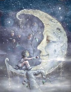 a painting of a child sitting on the moon