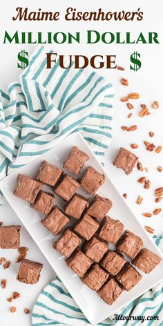 chocolate fudge brownies on a white plate with pecans around it and text overlay