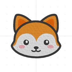 a cute little fox face with pink cheeks and eyes, embroidered on a white background