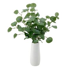 a white vase filled with lots of green leaves