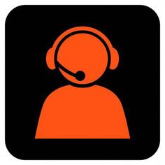 an orange and black icon with a person wearing a headset in the center, on a black background