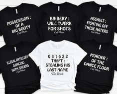 four t - shirts with different sayings on them, including one that says crapping and the bride