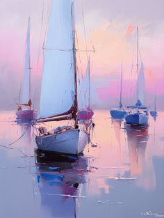 three sailboats in the water at sunset, one blue and one pink with white sails